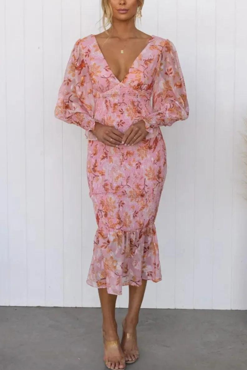 Bloemenjurk - Lange Mouw - V-Hals - Elegante Jurk - Midi Jurk-Boetiek Moda