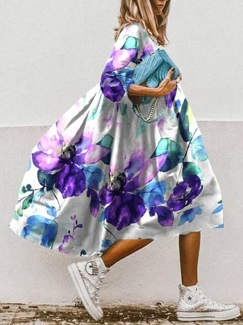 Bloemenjurk | Los model | Lange Mouw | Midi Jurk | Zomerjurk-Boetiek Moda