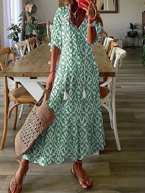 Bloemenjurk - Losse Boho Maxi zomerjurk met halve mouwen-Boetiek Moda