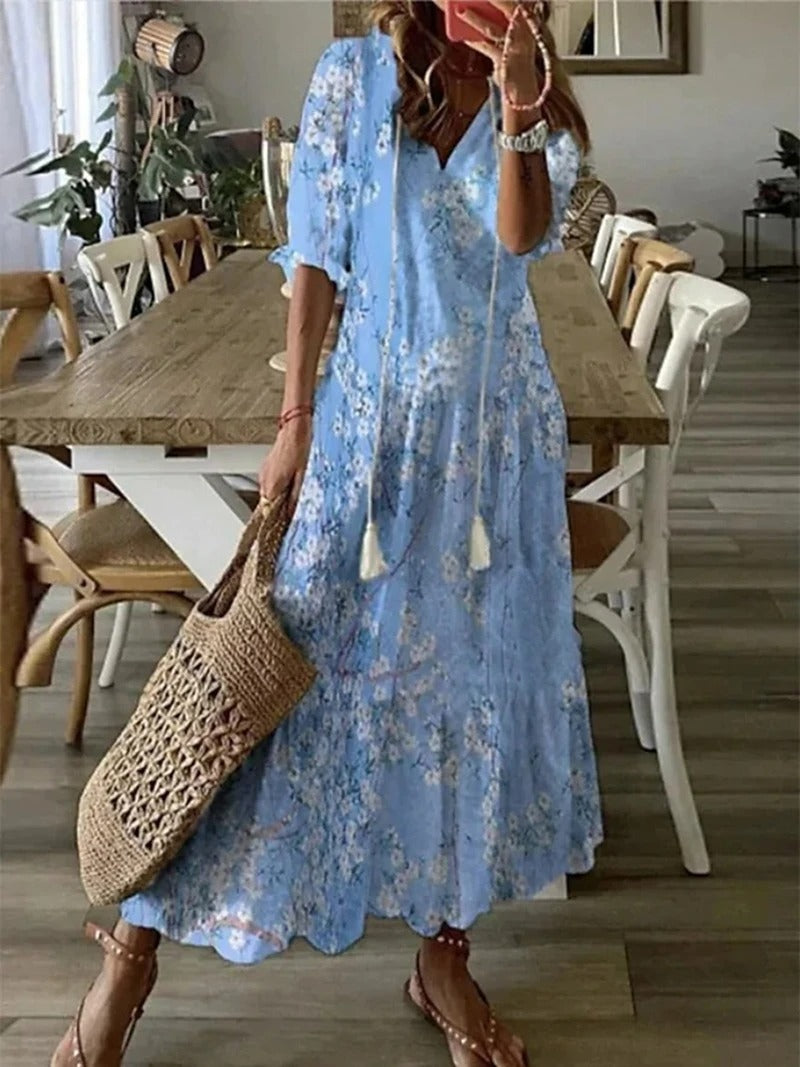 Bloemenjurk - Losse Boho Maxi zomerjurk met halve mouwen-Boetiek Moda