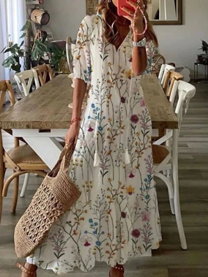 Bloemenjurk - Losse Boho Maxi zomerjurk met halve mouwen-Boetiek Moda