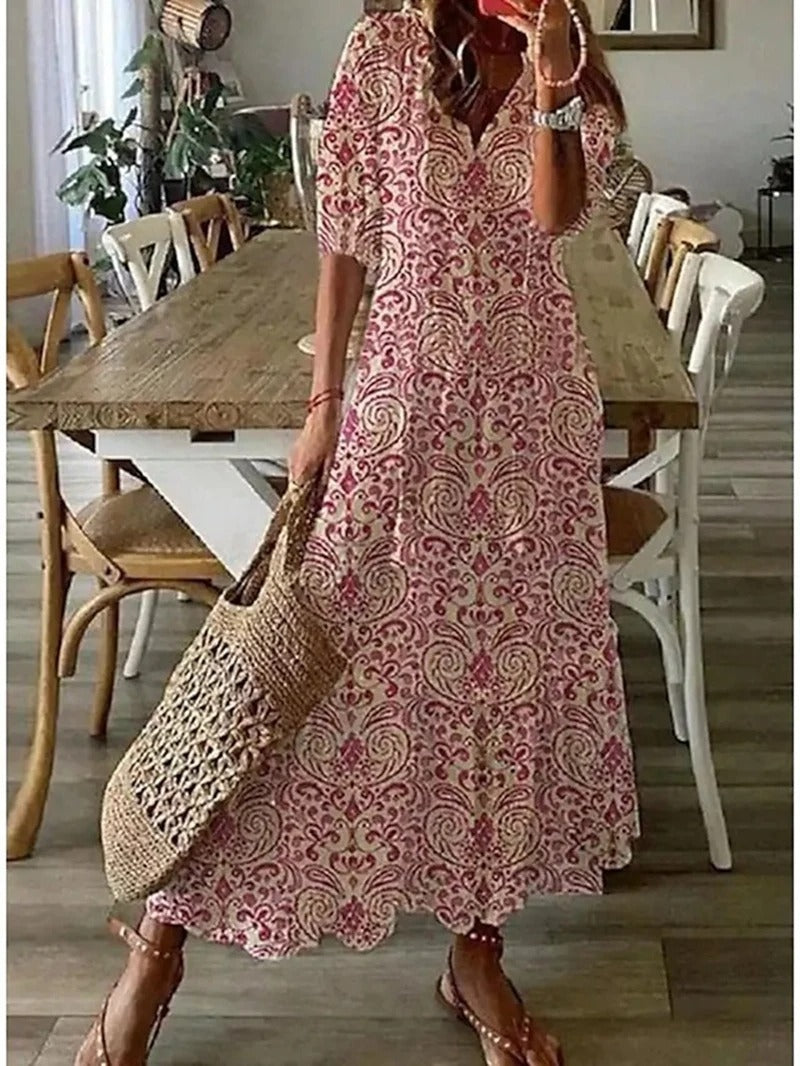 Bloemenjurk - Losse Boho Maxi zomerjurk met halve mouwen-Boetiek Moda