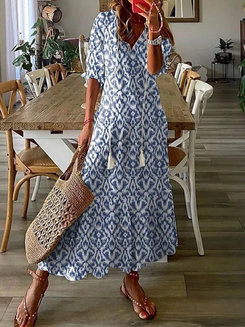 Bloemenjurk - Losse Boho Maxi zomerjurk met halve mouwen-Boetiek Moda