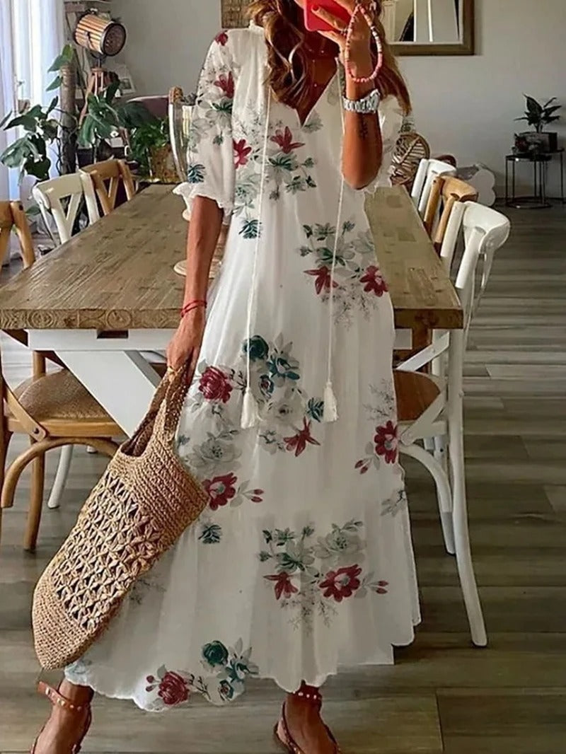 Bloemenjurk - Losse Boho Maxi zomerjurk met halve mouwen-Boetiek Moda