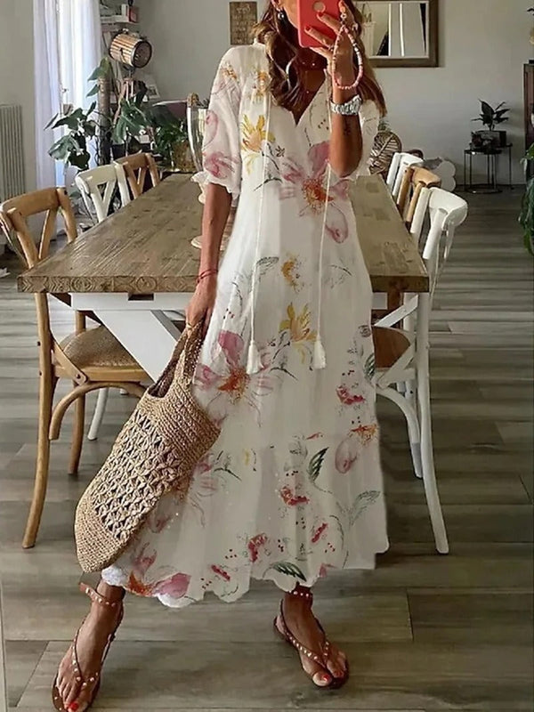 Bloemenjurk - Losse Boho Maxi zomerjurk met halve mouwen-Boetiek Moda