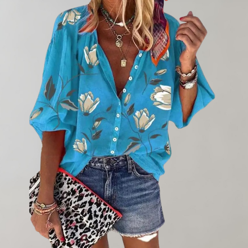 Bloemetjesblouse - Losjes model - Halve mouwen - Zomertop - Zomerkleding voor dames-Boetiek Moda