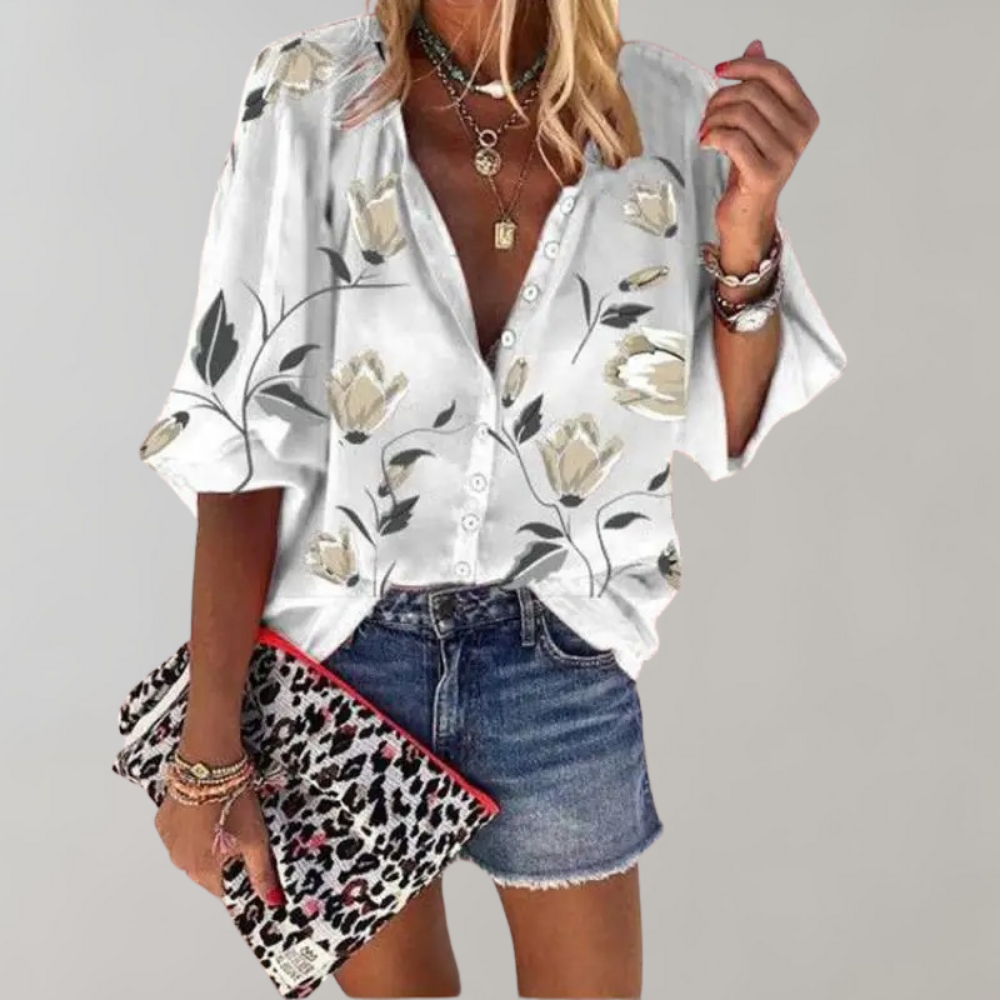 Bloemetjesblouse - Losjes model - Halve mouwen - Zomertop - Zomerkleding voor dames-Boetiek Moda