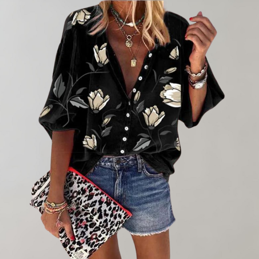 Bloemetjesblouse - Losjes model - Halve mouwen - Zomertop - Zomerkleding voor dames-Boetiek Moda