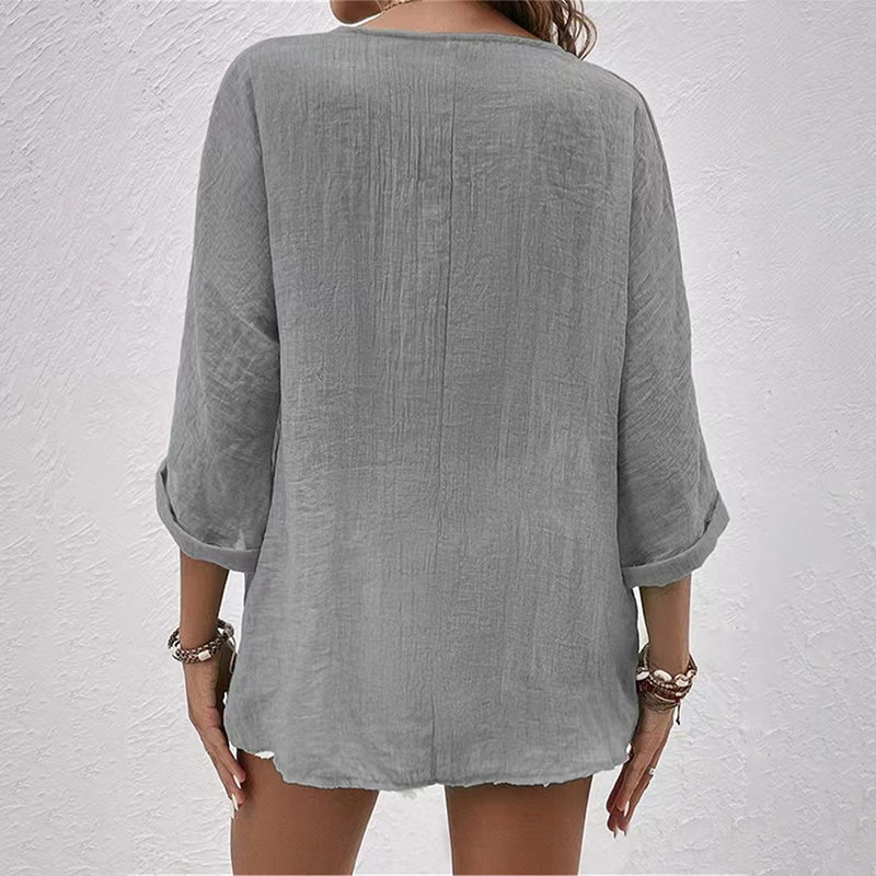 Blouse - Loszittende blouse met V-hals en lange mouwen voor dames-Boetiek Moda