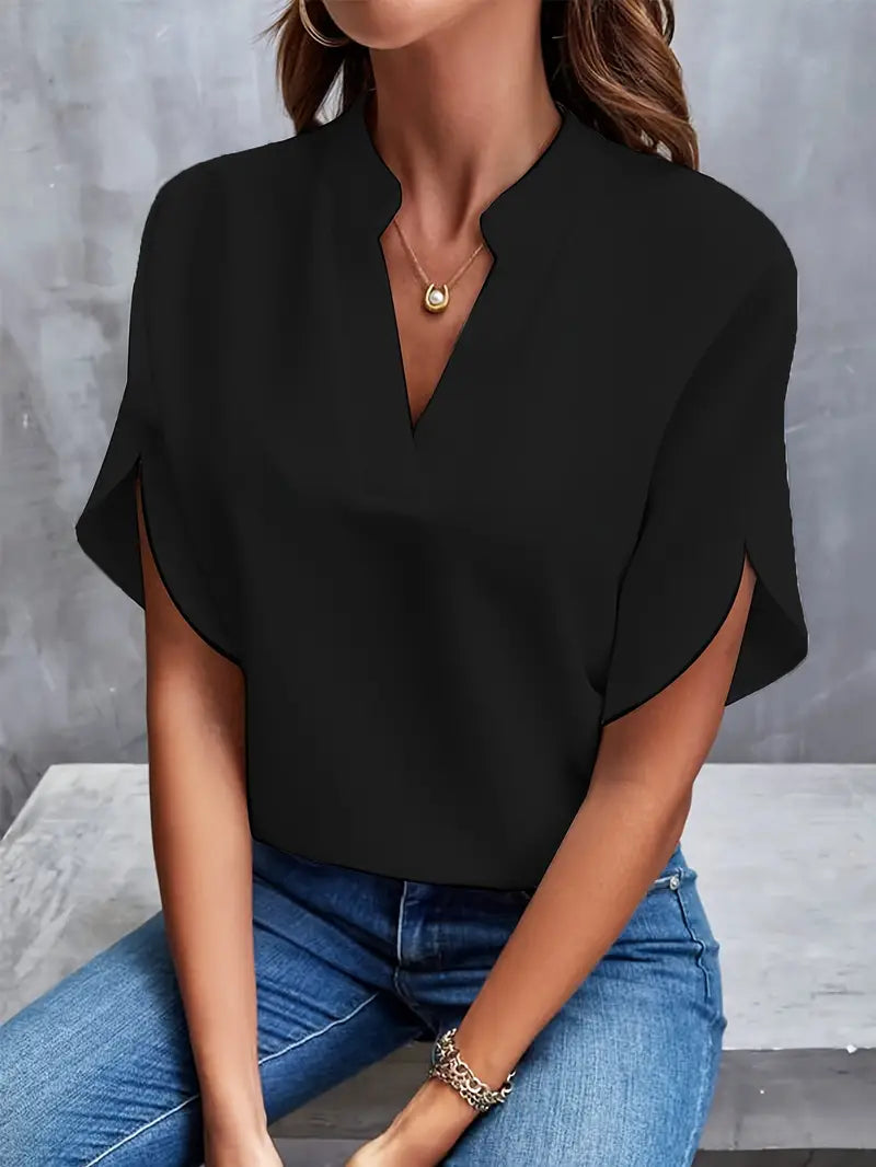 Blouse - V-hals - Korte Mouw - Satijnen Blouse - Dameskleding-Boetiek Moda