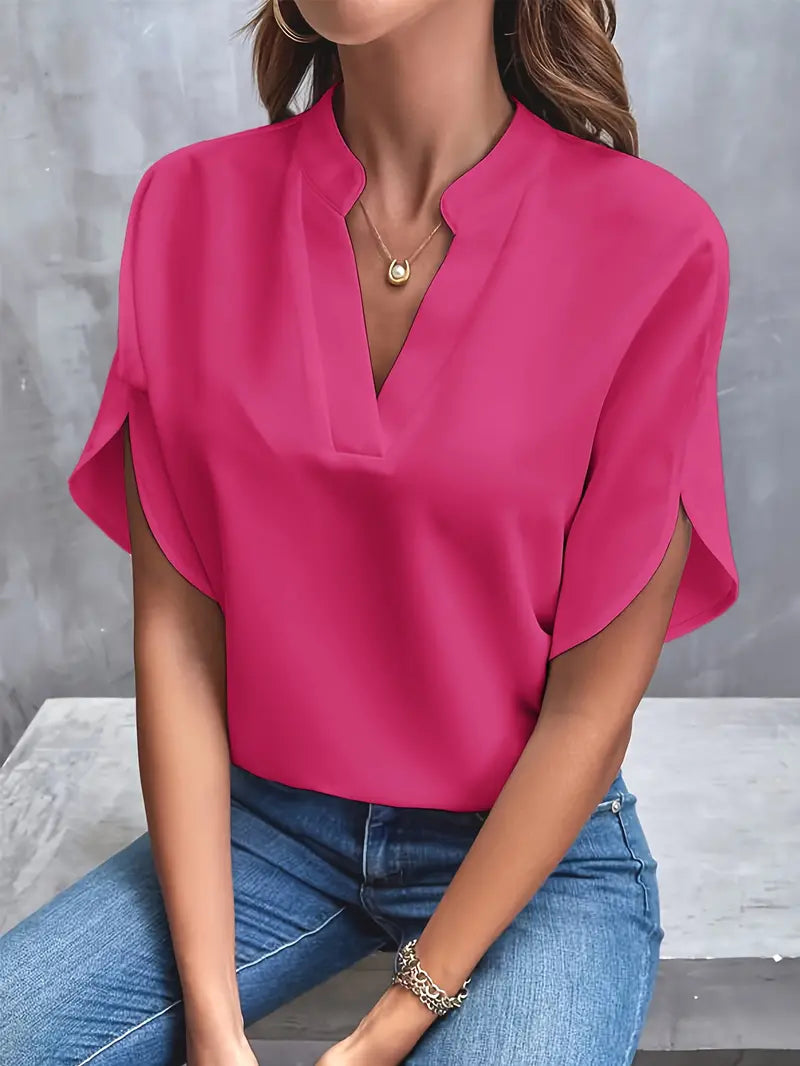 Blouse - V-hals - Korte Mouw - Satijnen Blouse - Dameskleding-Boetiek Moda