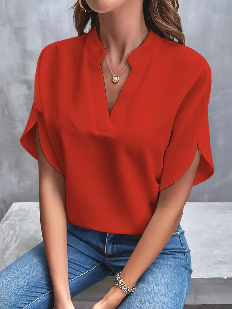 Blouse - V-hals - Korte Mouw - Satijnen Blouse - Dameskleding-Boetiek Moda