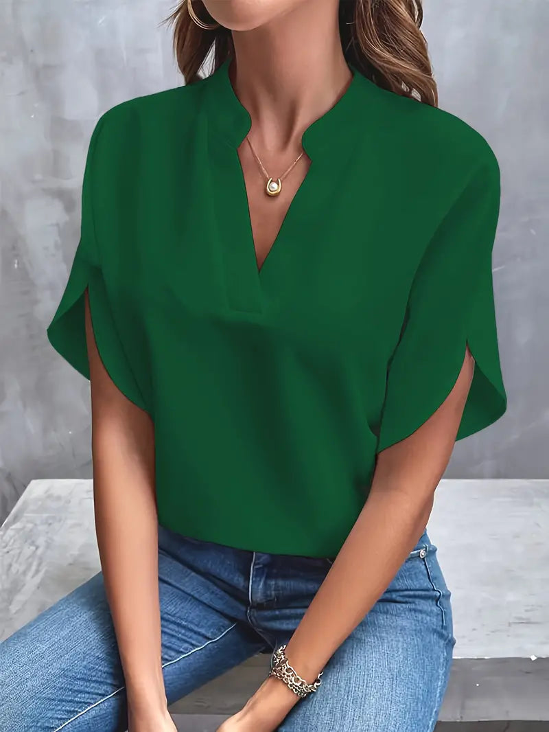 Blouse - V-hals - Korte Mouw - Satijnen Blouse - Dameskleding-Boetiek Moda