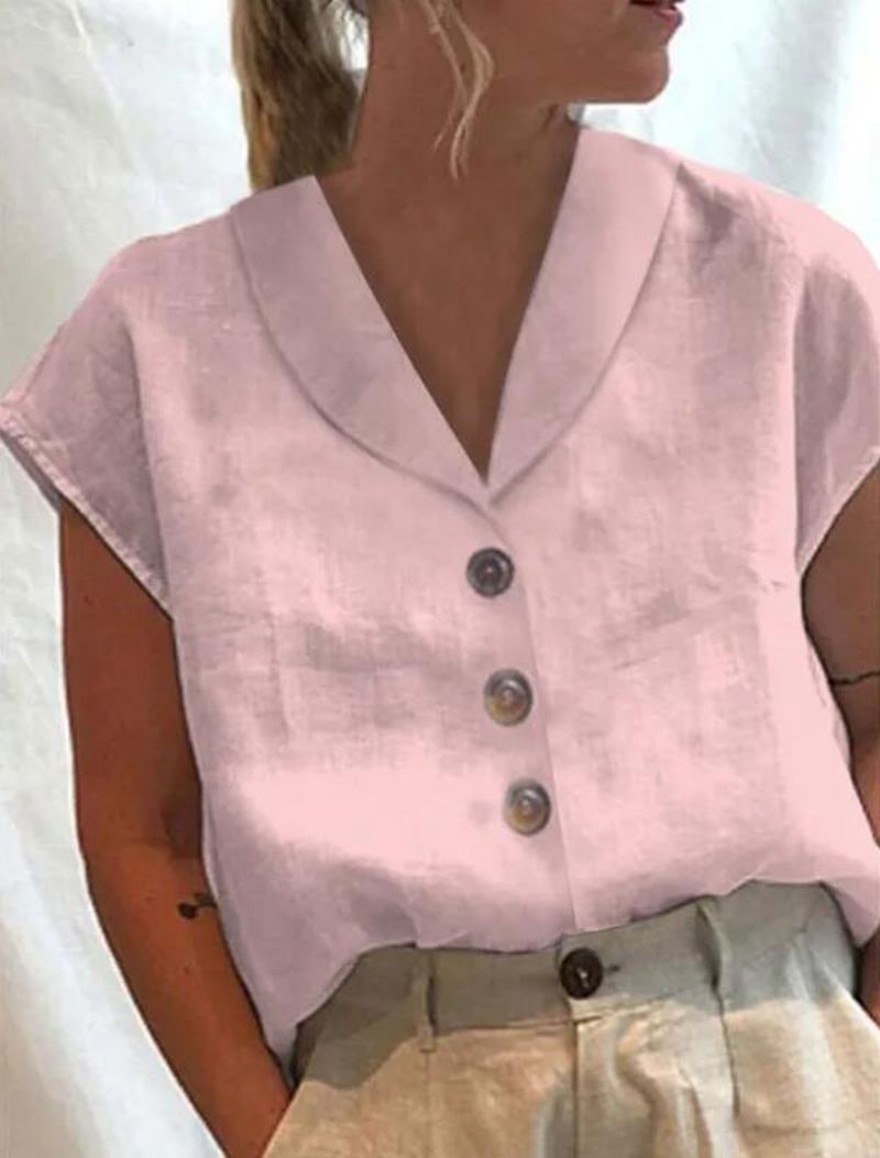 Blouse met korte mouwen - Knoopsluiting - Gekraagde blouse - Linnen blouse - Damesblouse-Boetiek Moda