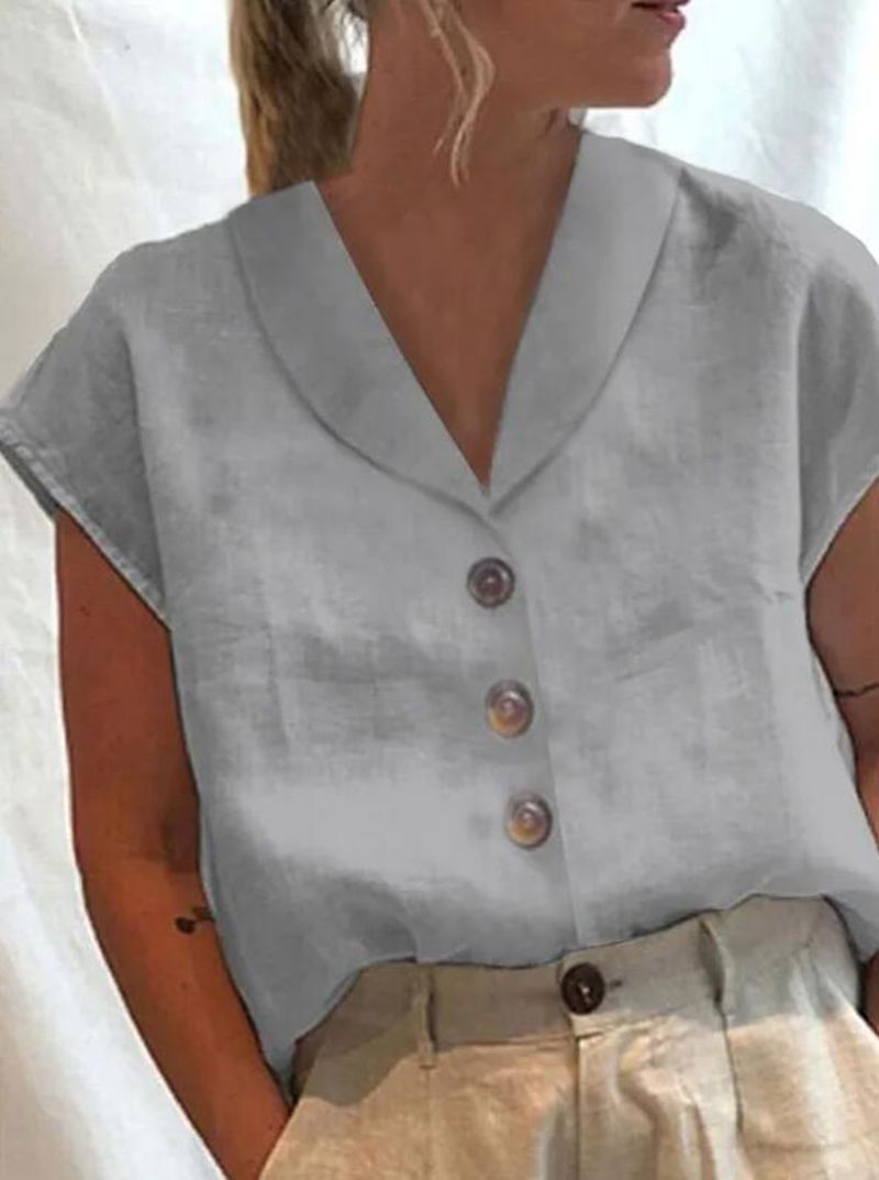 Blouse met korte mouwen - Knoopsluiting - Gekraagde blouse - Linnen blouse - Damesblouse-Boetiek Moda