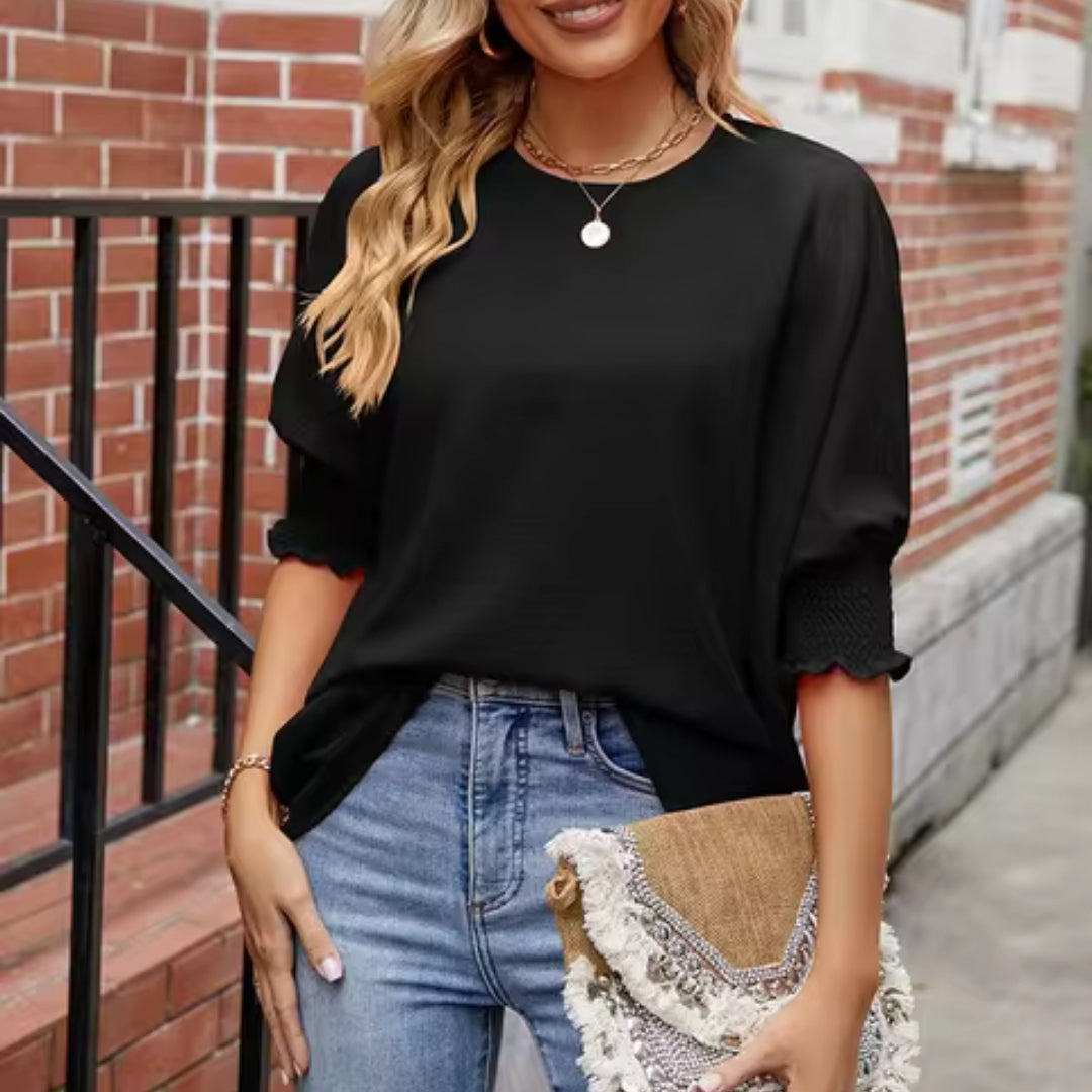 Blouse met korte mouwen | Korte mouwen | Pofmouw | Lange blouse | Dameskleding-Boetiek Moda