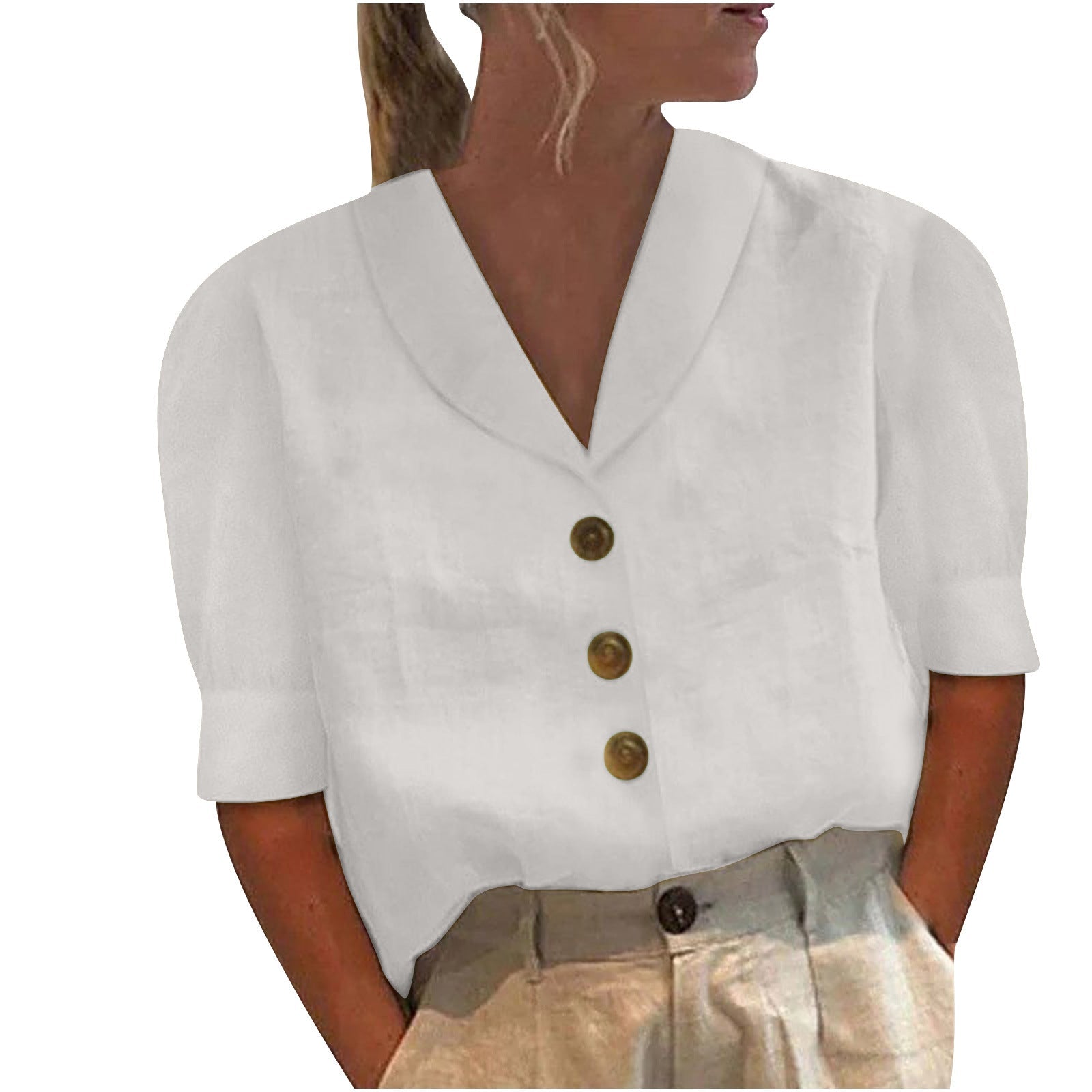 Blouse met korte mouwen | Losse pasvorm | Kraag | Knoopsluiting | Dames tops-Boetiek Moda
