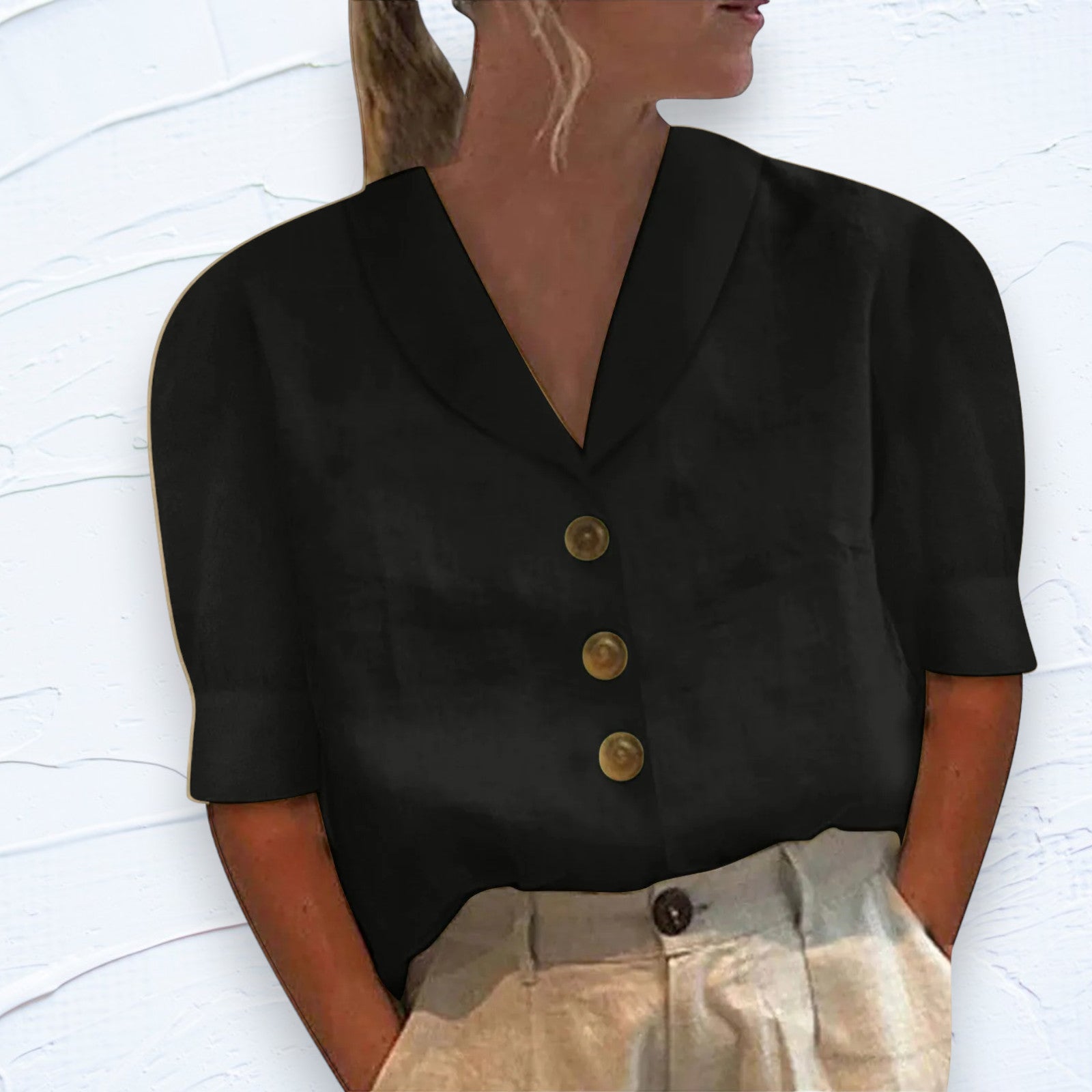Blouse met korte mouwen | Losse pasvorm | Kraag | Knoopsluiting | Dames tops-Boetiek Moda