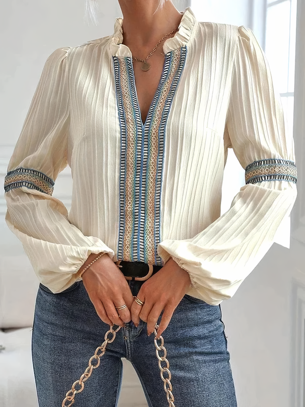 Blouse met ruches - Ballonmouwen - Lang Mouwen - Kanten Blouse - Dameskleding-Boetiek Moda