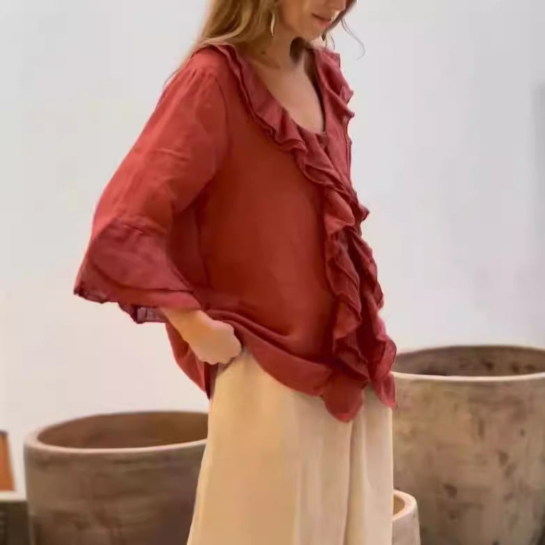Blouse met ruches - Damesblouse met losse V-hals en lange mouwen-Boetiek Moda