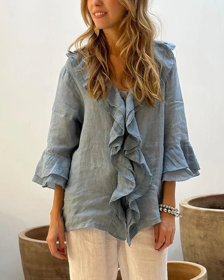 Blouse met ruches - Damesblouse met losse V-hals en lange mouwen-Boetiek Moda