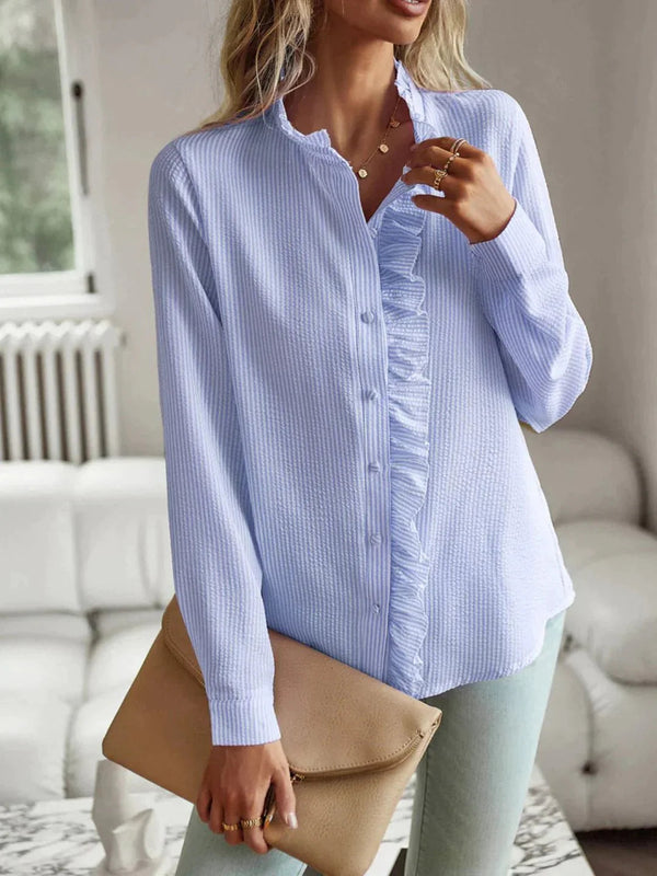 Blouse met ruches - Lange Mouwen - Gestreept - Button-Up Blouse - Dames Button-Up Overhemden-Boetiek Moda