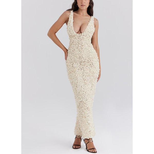 Bodycon Jurk - Mouwloze Witte V-Hals Cocktail Maxi Jurk-Boetiek Moda