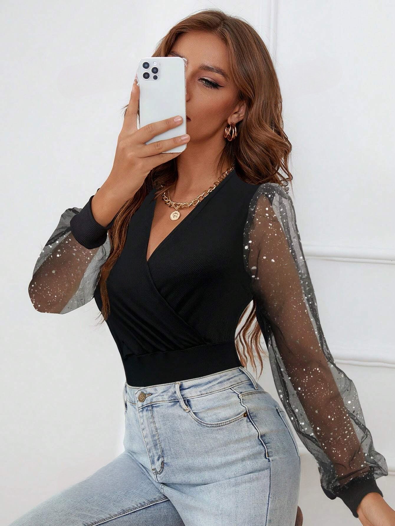 Bodysuit met lange mouwen - Zwart - Sheer mouwen - V-hals Bodysuit - Glitter Bodysuit-Boetiek Moda