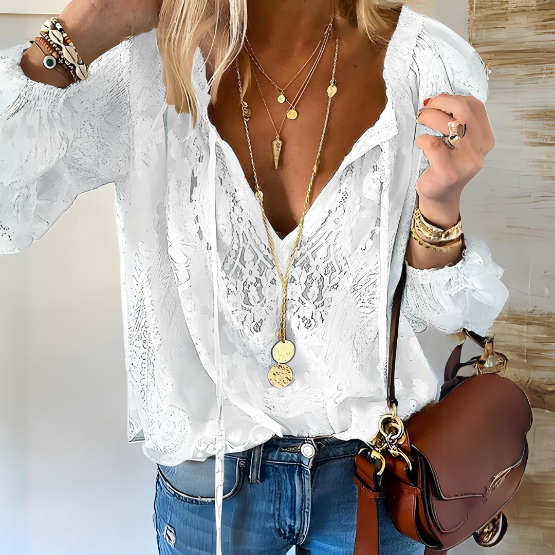 Boho Blouse | Kant | Los model | Blouse met V-hals | Top met lange mouwen-Boetiek Moda
