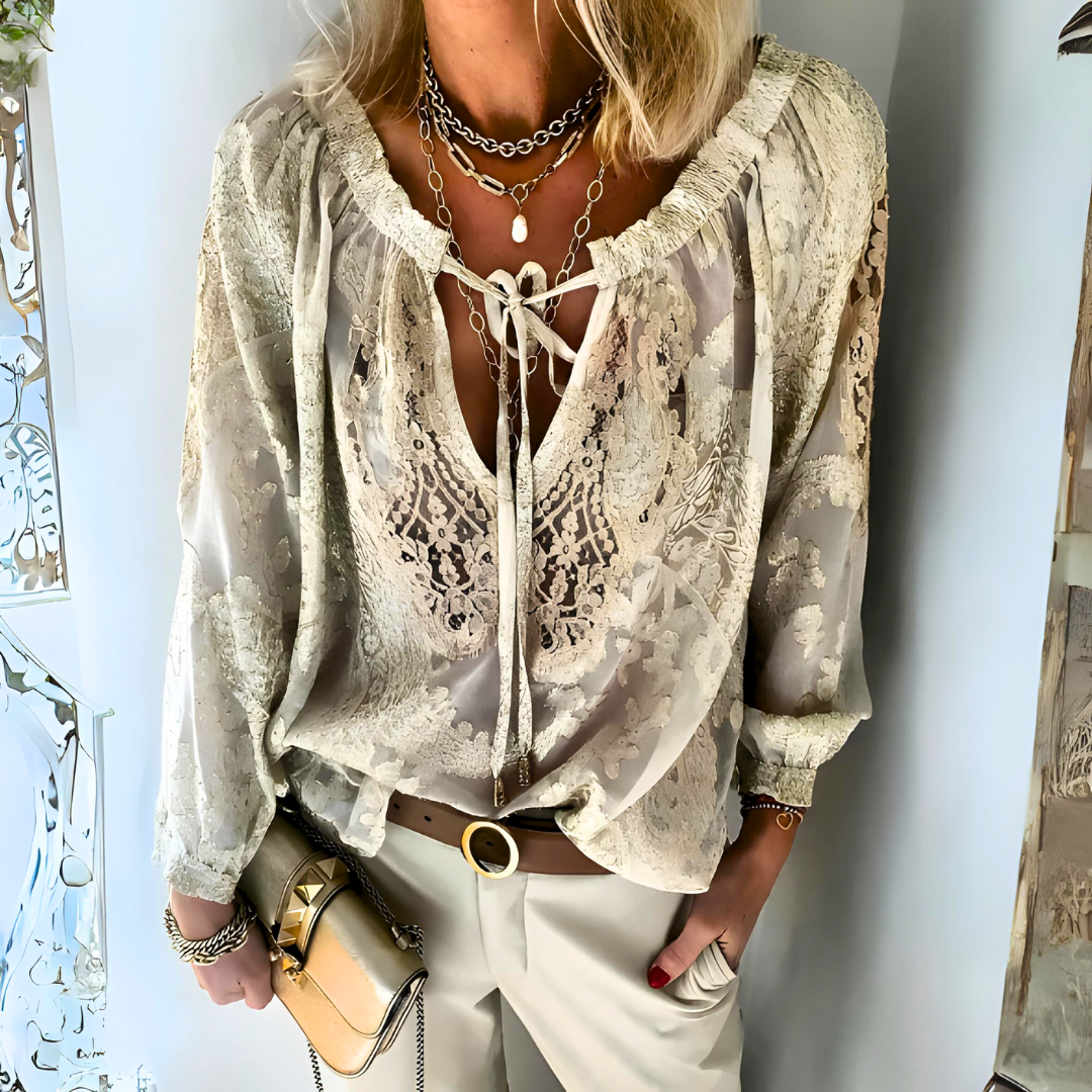 Boho Blouse | Kant | Los model | Blouse met V-hals | Top met lange mouwen-Boetiek Moda