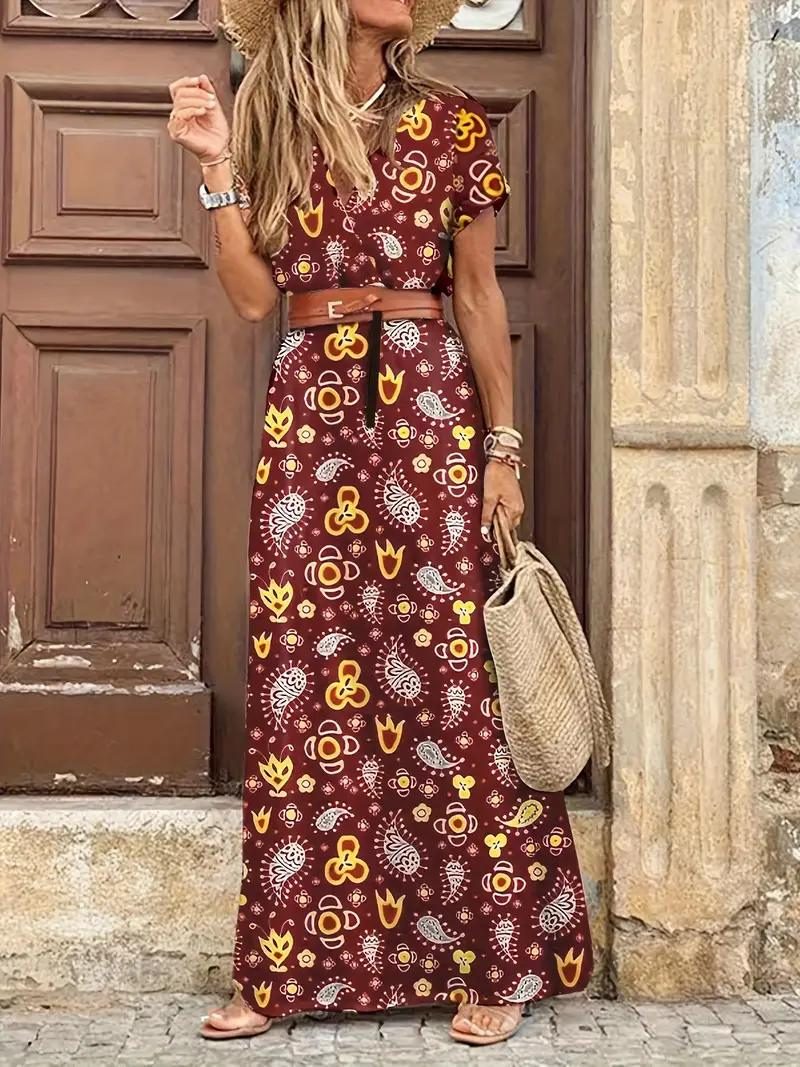 Boho Jurk, Korte Mouw, Riem, Maxi Jurk, Zomerjurk-Boetiek Moda