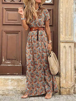 Boho Jurk, Korte Mouw, Riem, Maxi Jurk, Zomerjurk-Boetiek Moda