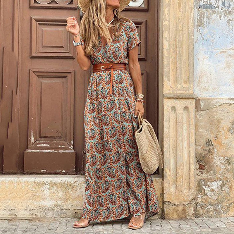 Boho Jurk | Korte Mouw | Riem | Maxi Jurk | Zomerjurk-Boetiek Moda