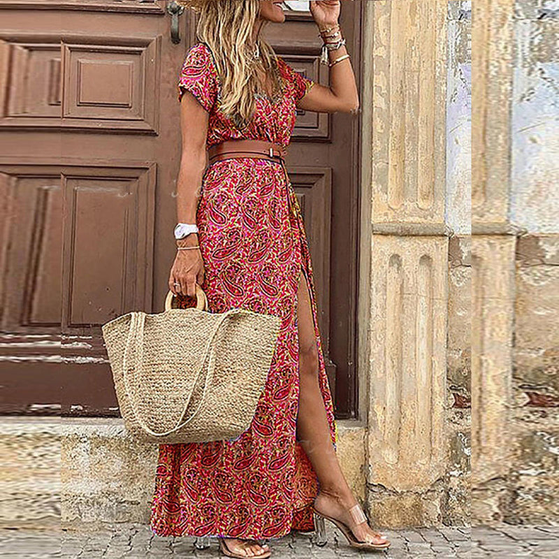 Boho Jurk | Korte Mouw | Riem | Maxi Jurk | Zomerjurk-Boetiek Moda