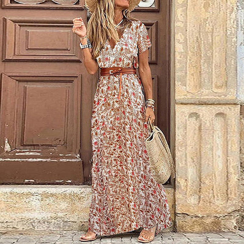 Boho Jurk | Korte Mouw | Riem | Maxi Jurk | Zomerjurk-Boetiek Moda