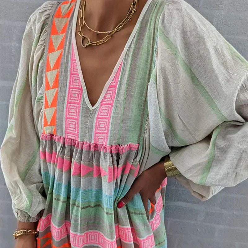 Boho Jurk - Lange Mouw - Losjes Fit - Maxi Jurk - Zomerjurk-Boetiek Moda