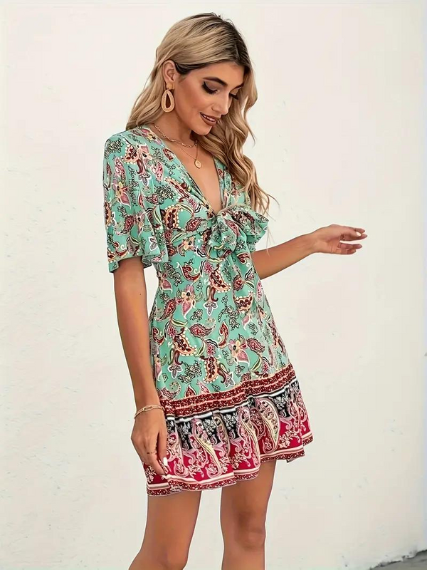 Boho Jurk - Paisleyprint - Korte Mouw - Mini-Jurk - Zomerjurk-Boetiek Moda