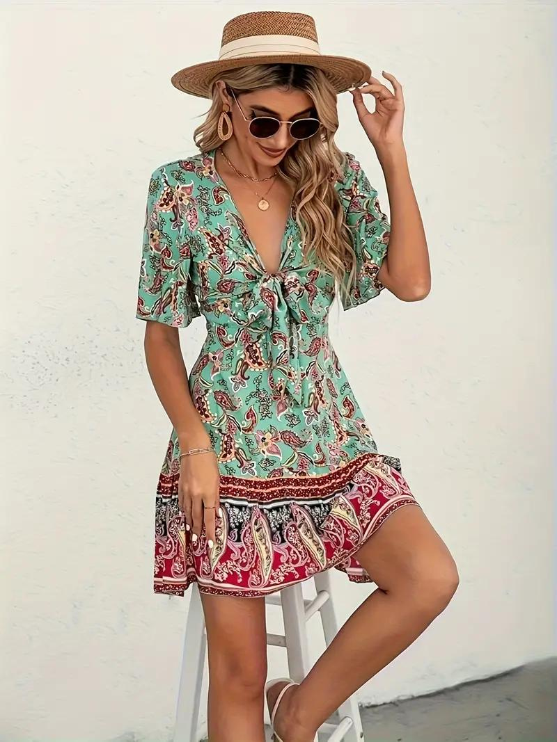 Boho Jurk - Paisleyprint - Korte Mouw - Mini-Jurk - Zomerjurk-Boetiek Moda