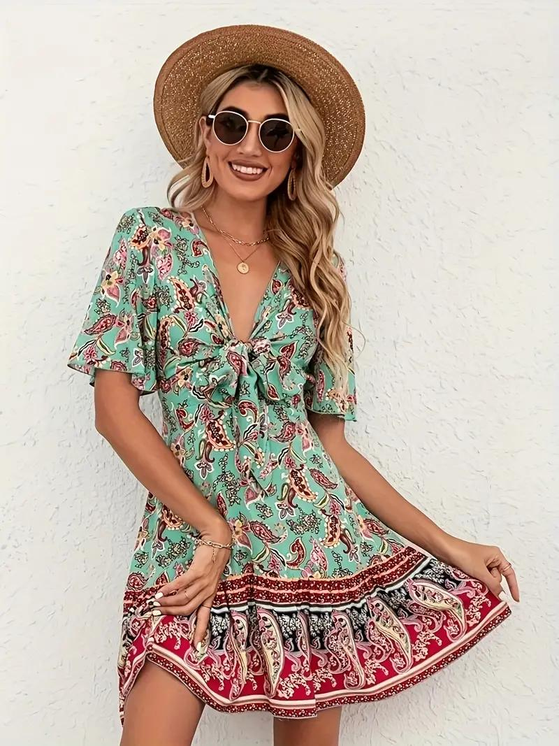 Boho Jurk - Paisleyprint - Korte Mouw - Mini-Jurk - Zomerjurk-Boetiek Moda