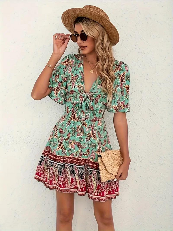 Boho Jurk - Paisleyprint - Korte Mouw - Mini-Jurk - Zomerjurk-Boetiek Moda