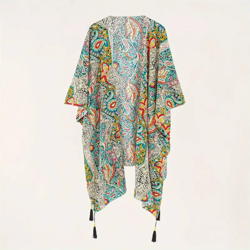 Boho Kimono, Paisley-print, Open voorkant, Bikini gewaad, Strand Kimono-Boetiek Moda