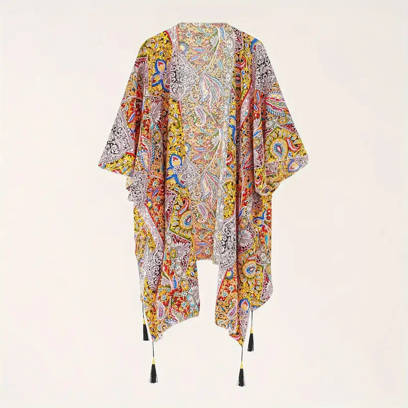 Boho Kimono, Paisley-print, Open voorkant, Bikini gewaad, Strand Kimono-Boetiek Moda