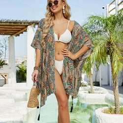 Boho Kimono, Paisley-print, Open voorkant, Bikini gewaad, Strand Kimono-Boetiek Moda