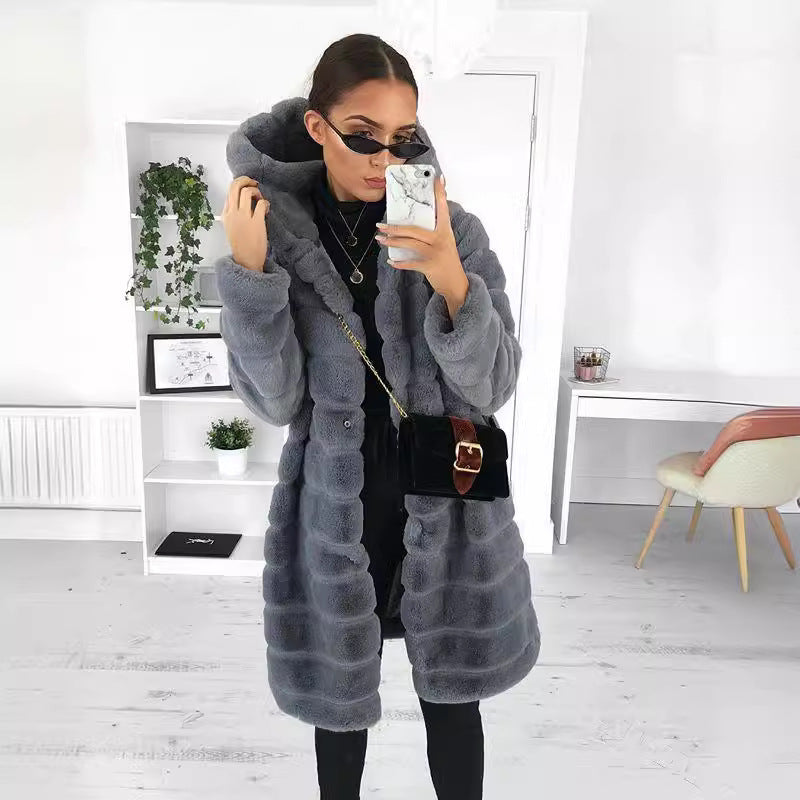 Bontjas met capuchon | Halflang | Faux pluizige jas | Vrouwen Winterjas-Boetiek Moda