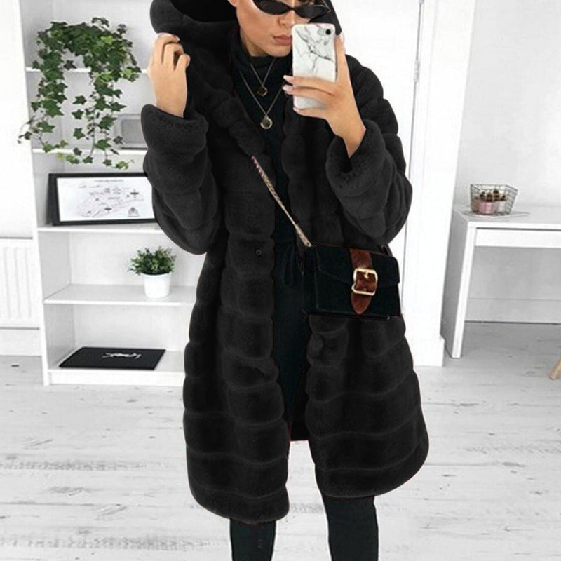 Bontjas met capuchon | Halflang | Faux pluizige jas | Vrouwen Winterjas-Boetiek Moda