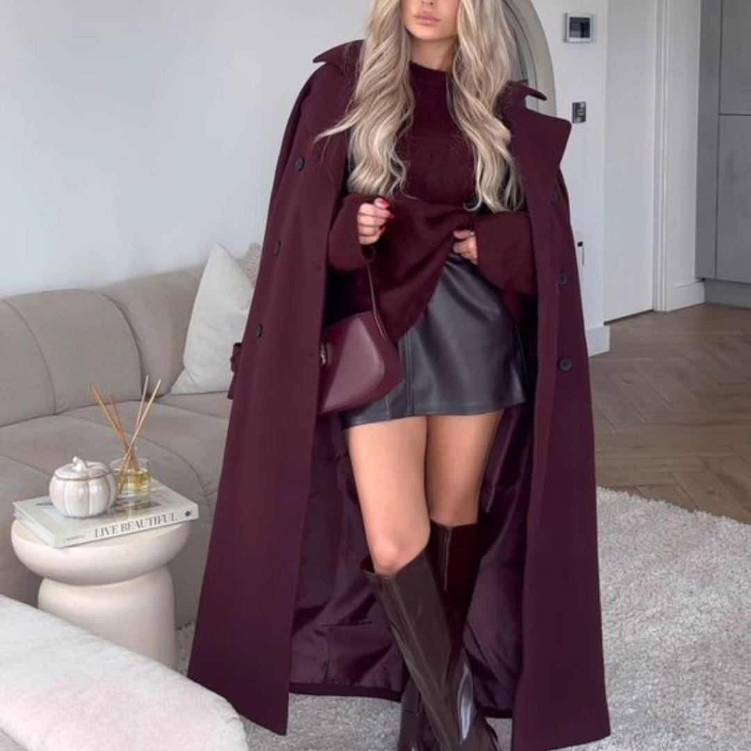 Bourgondische trenchcoat - Lange wollen damesjas met ceintuur-Boetiek Moda