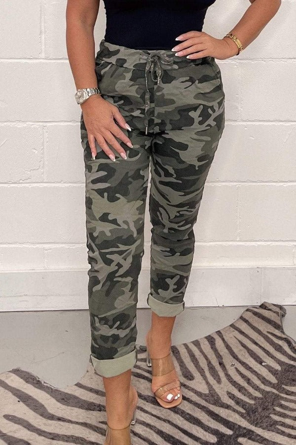 Broek - Camouflage - Koord - Hoog Broek met taille - Dameskleding-Boetiek Moda