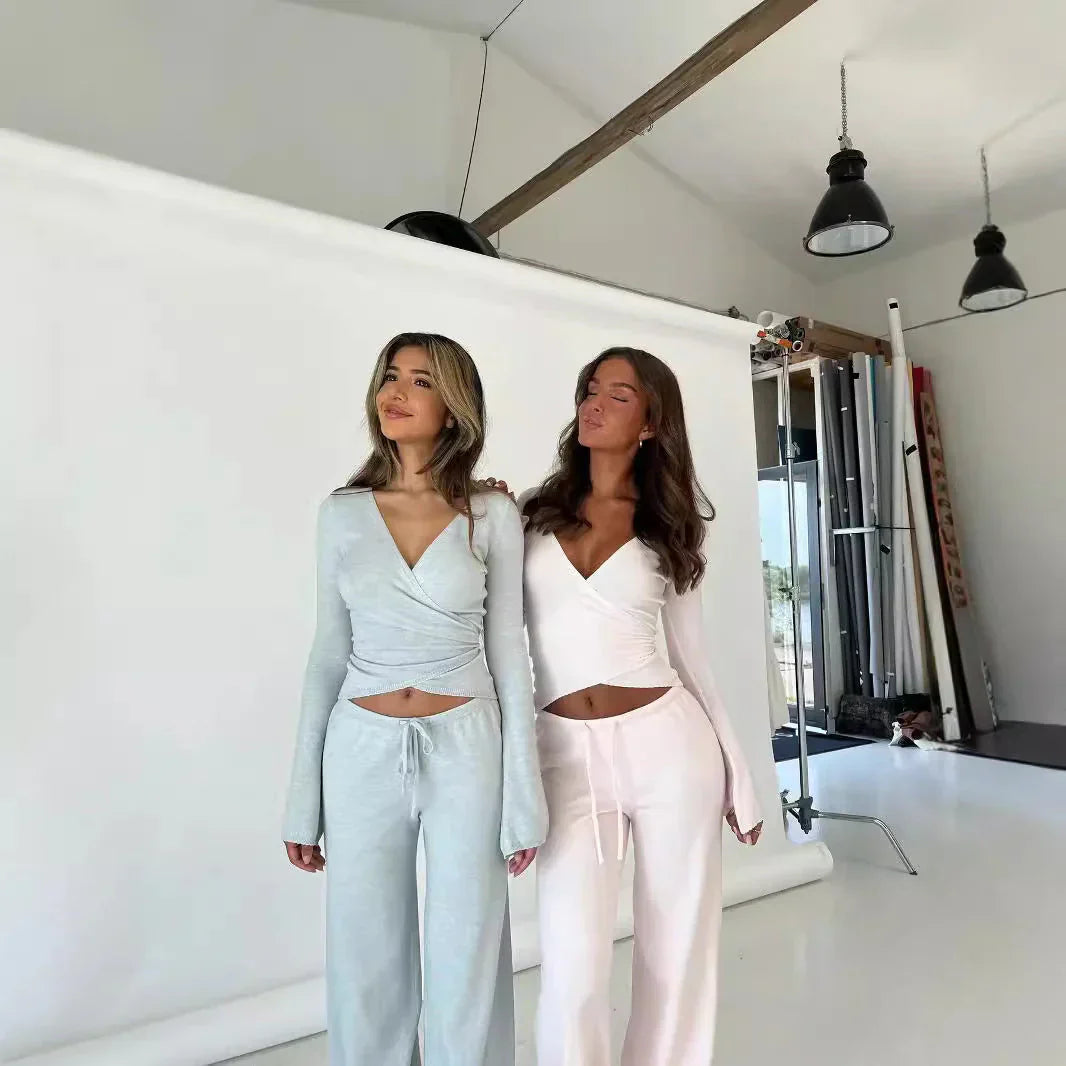 Broek en top set | Lange mouwen | V-hals | Tweedelige set | Dameskleding-Boetiek Moda