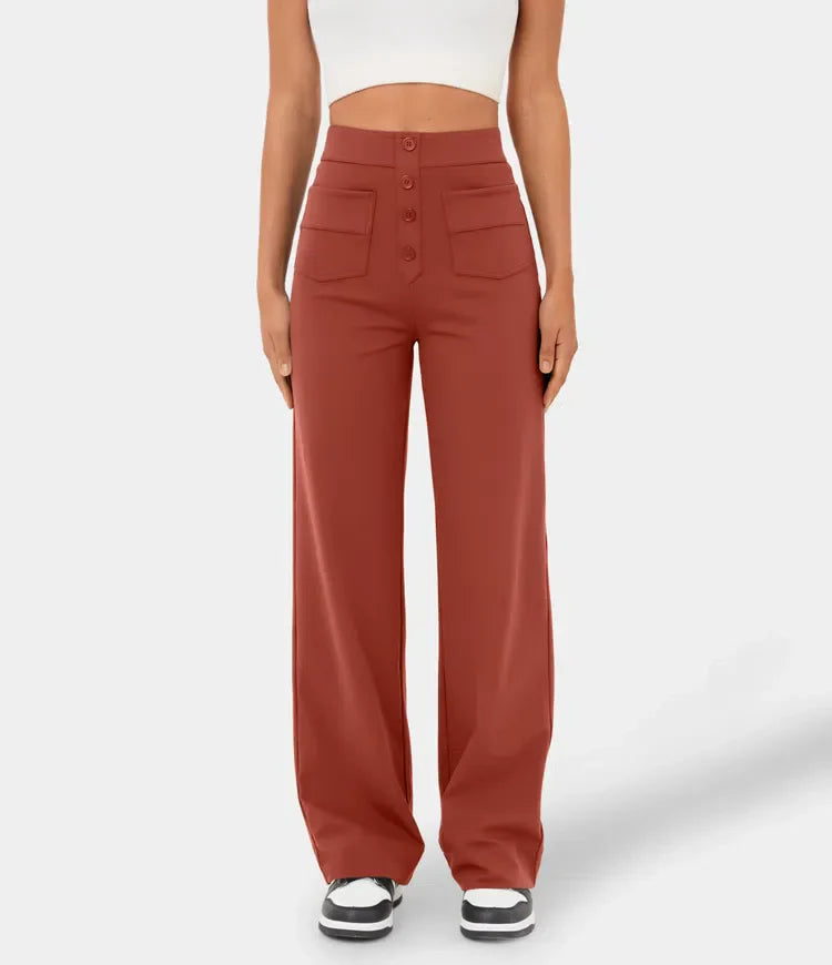 Broek met hoge taille | Knoop | Rechte pijp | Broek met wijde pijpen | Damesbroeken-Boetiek Moda