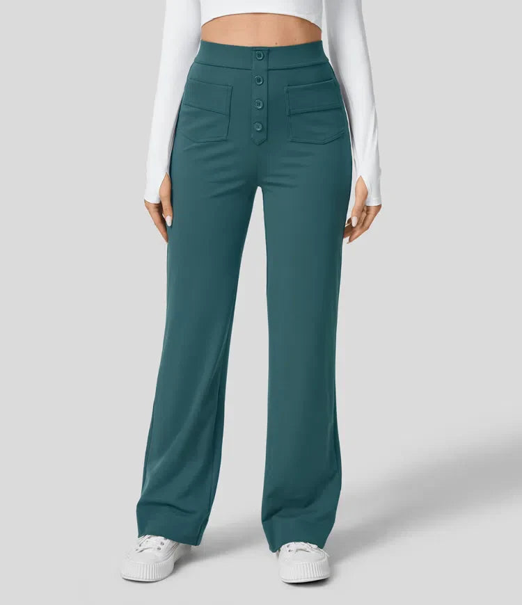 Broek met hoge taille | Knoop | Rechte pijp | Broek met wijde pijpen | Damesbroeken-Boetiek Moda
